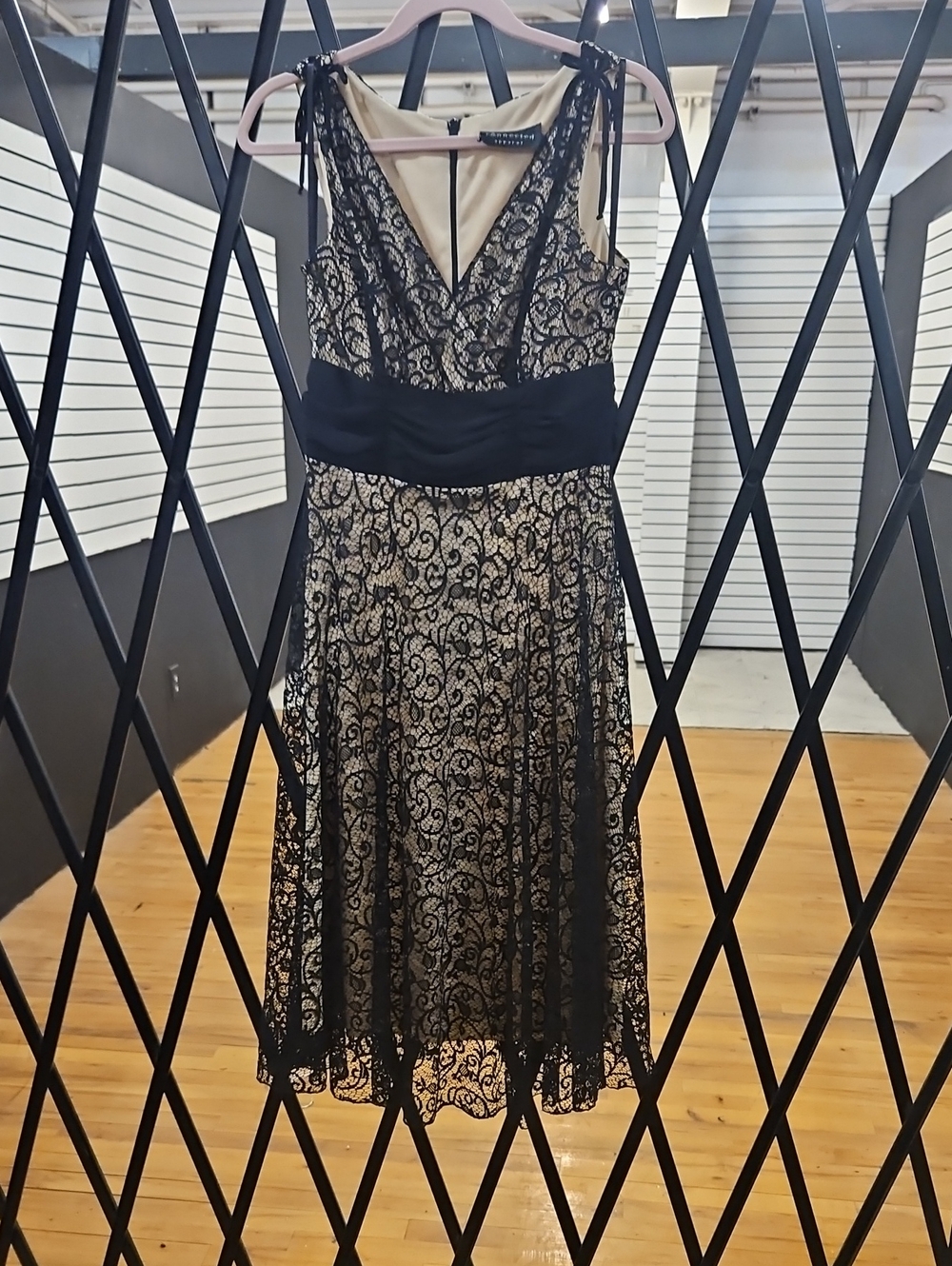 connected apparel Black Lace Midi Dress with Nude Underlay
